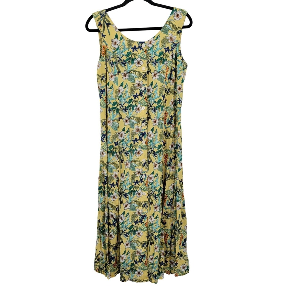 Vtg Koret Boho Chic Button Front Midi Dress Sz M Smocked Floral Tropical Cottage